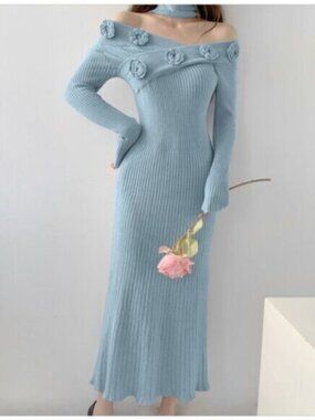 Women's Off-Shoulder Floral Decor Elegant Casual Long Sweater Dress